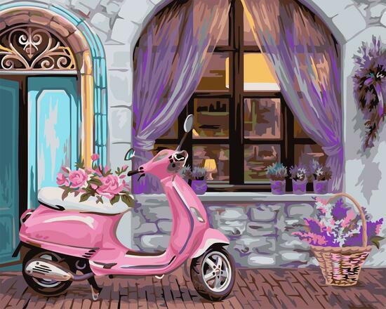 Картина по номерам 40x50 Розовый мопед у милого кафе