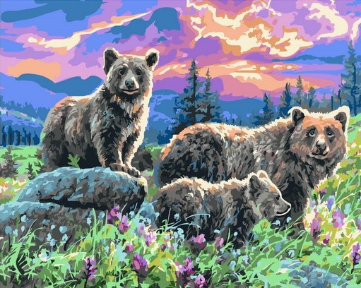 Картина по номерам 40x50 Семейство бурых медведей на цветочном лугу
