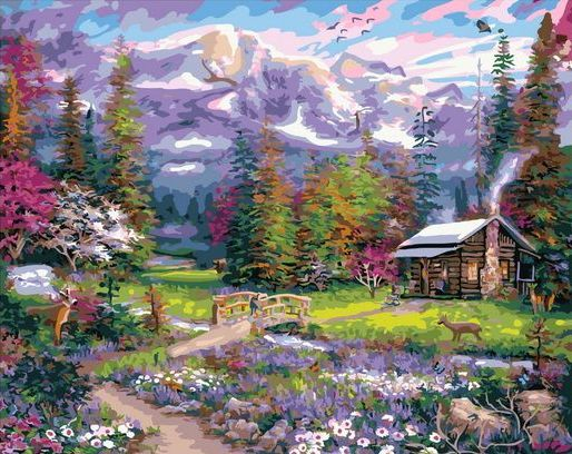 Картина по номерам 40x50 Деревянный домик в сказочном месте среди гор