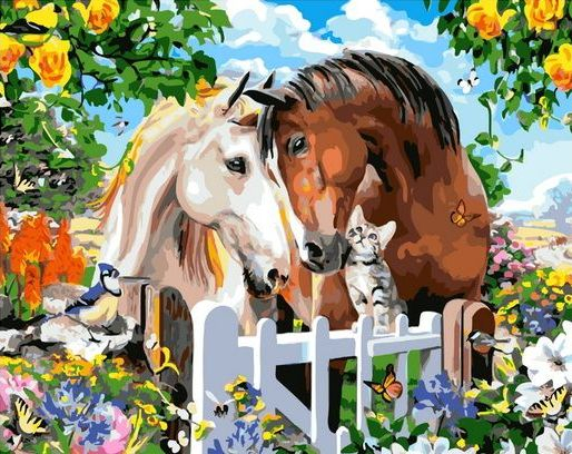 Картина по номерам 40x50 Пара лошадей и кошечка