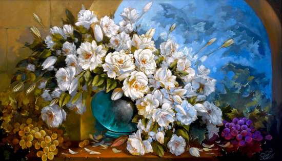 Картина по номерам 40x50 Белые розы в голубой вазе