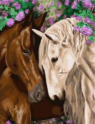 Картина по номерам 40x50 Две лошади среди фиолетовых роз