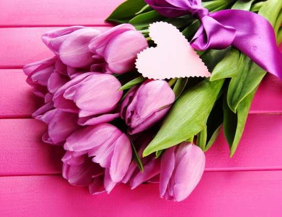 Картина по номерам 40x50 Букет розовых тюльпанов с лентой