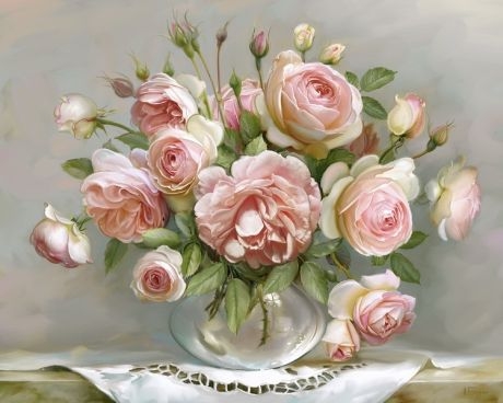 Картина по номерам 40x50 Букетик роз в прозрачной вазе