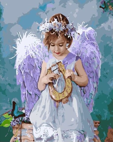 Картина по номерам 40x50 Маленький милый ангелочек с арфой