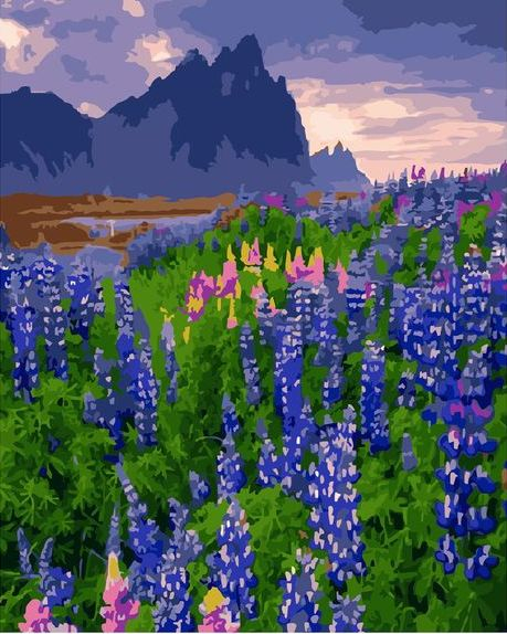 Картина по номерам 40x50 Поляна цветов у подножья горы