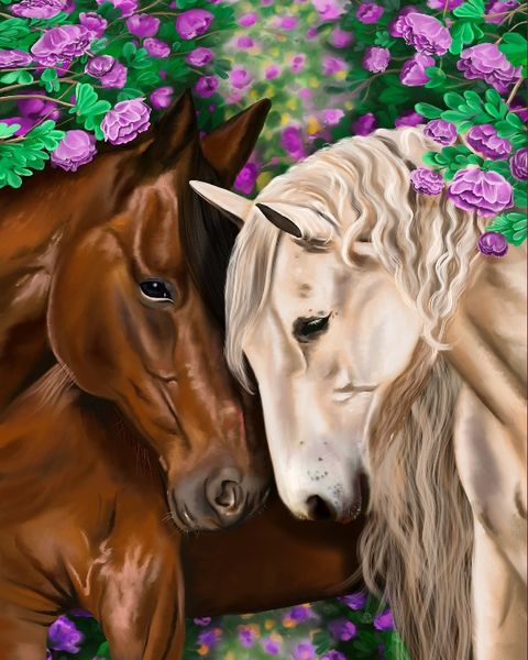 Картина по номерам 40x50 Пара лошадей среди сиреневых роз