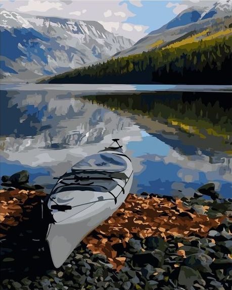 Картина по номерам 40x50 Одинокая лодка на берегу горного озера