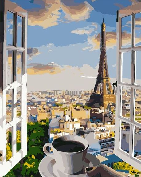 Картина по номерам 40x50 Крепкий кофе с видом на Эйфелеву башню