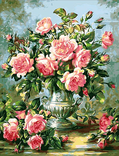Алмазная мозаика 40x50 Букет роз в блестящей вазе