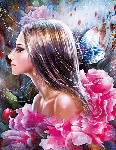 Алмазная мозаика 40x50 Девушка с бабочкой в розах