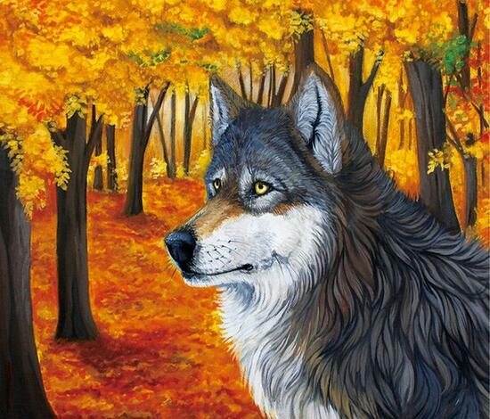 Алмазная мозаика 40x50 Большой серый волк в золотистом лесу