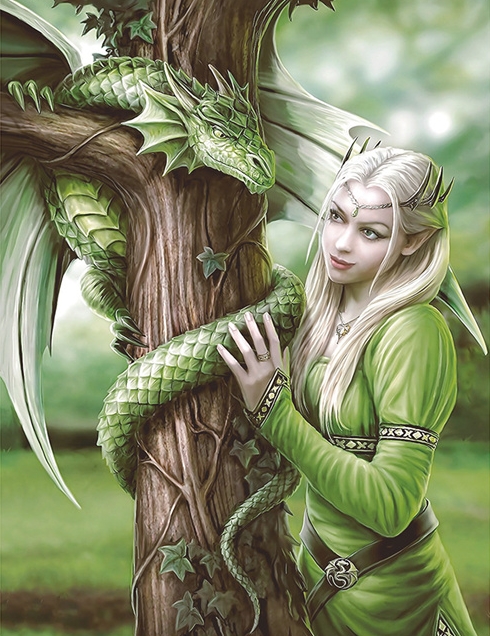 Алмазная мозаика 30x40 Эльфийка с зеленым драконом у дерева