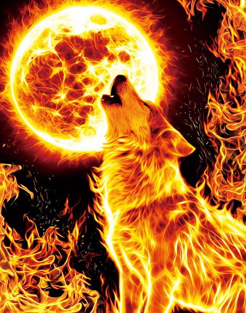 Алмазная мозаика 30x40 Огненный волк воет на горящую луну