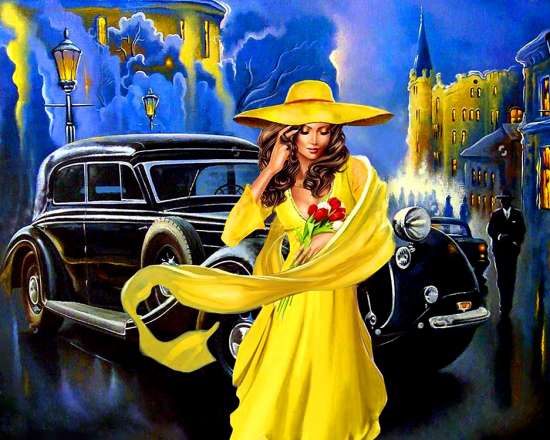 Картина по номерам 40x50 Женщина в желтом и винтажный автомобиль