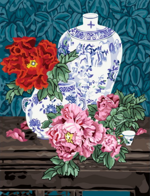 Картина по номерам 40x50 Фарфоровые вазы и пионы