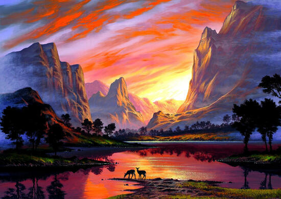 Картина по номерам 40x50 Солнце за горами и олени у водопоя