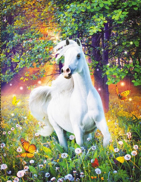 Алмазная мозаика 40x50 Белая лошадь на поляне с одуванчиками