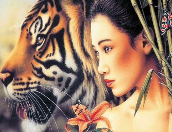 Алмазная мозаика 40x50 Тигр, азиатка и лилия