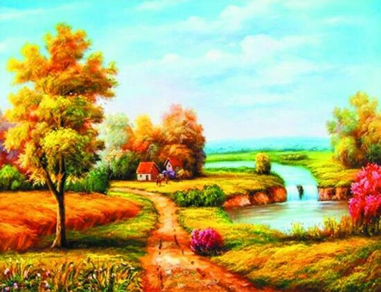 Алмазная мозаика 40x50 Осенний пейзаж с домиками и рекой