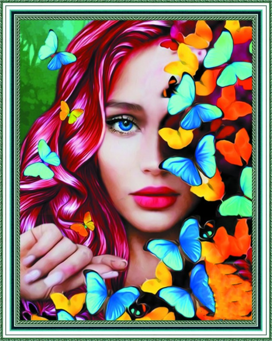Алмазная мозаика 40x50 Голубоглазая девушка и разноцветные бабочки