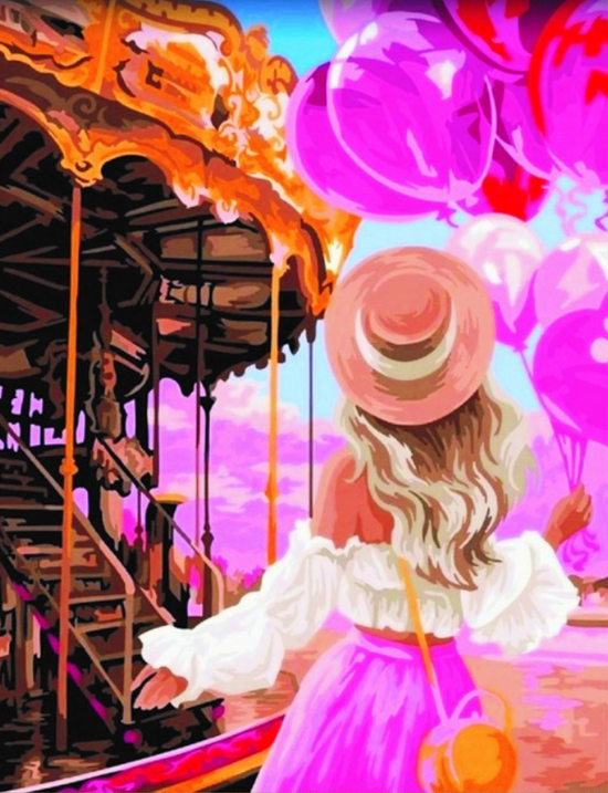 Алмазная мозаика 40x50 Девушка с розовыми шариками у карусели