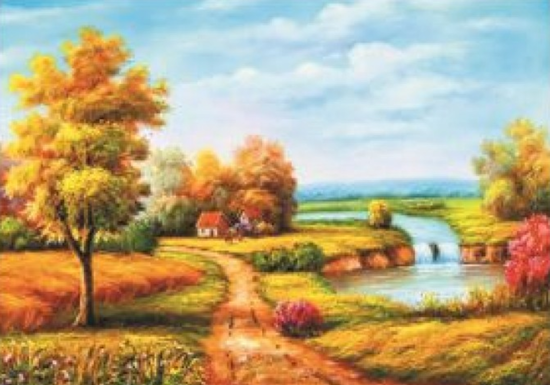Алмазная мозаика 30x40 Осенний пейзаж с домиком и рекой