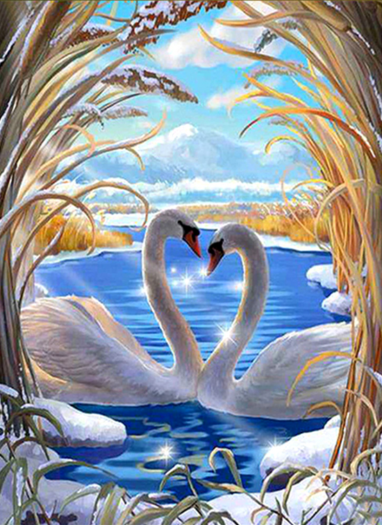 Алмазная мозаика 30x40 Белые лебеди на заснеженной реке