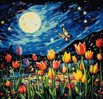 Разноцветные тюльпаны на фоне ночного неба