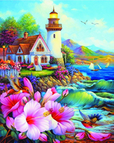 Маяк с домиком на берегу залива