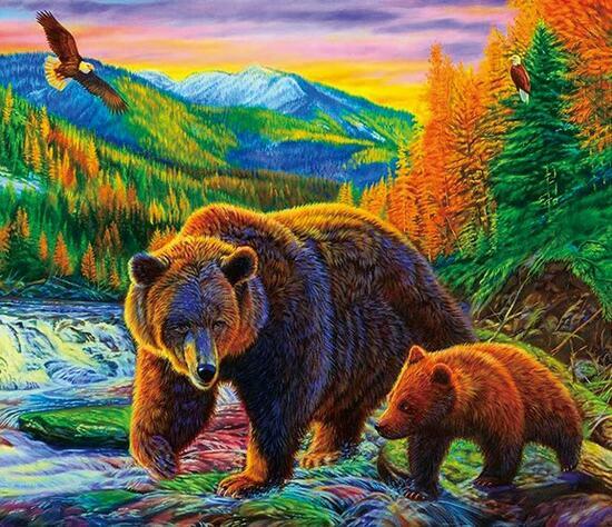 Алмазная мозаика 30x40 Медведь с медвежонком и орел