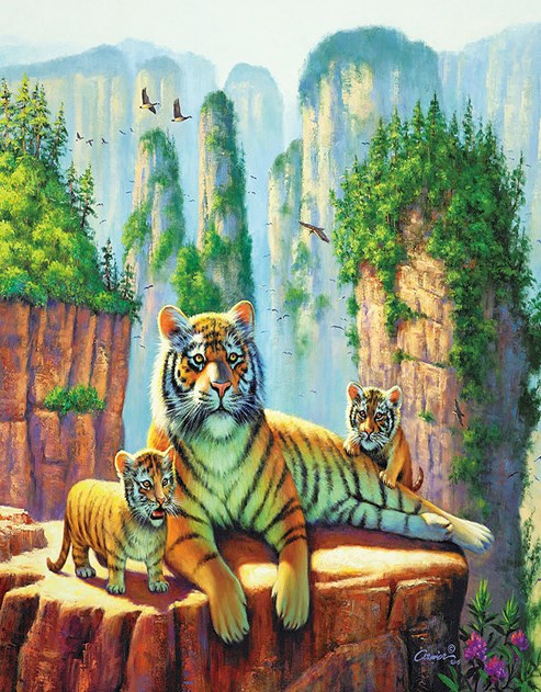 Алмазная мозаика 30x40 Тигрята с мамой на живописной скале