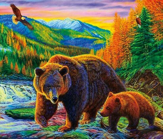 Алмазная мозаика 40x50 Медвежонок с мамой и орлан в осенних горах