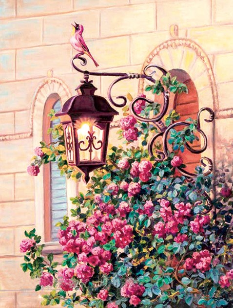 Алмазная мозаика 40x50 Певчая птичка над цветущим кустом роз