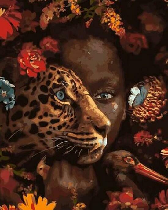 Картина по номерам 40x50 Портрет девушки среди цветов с леопардом и птицей