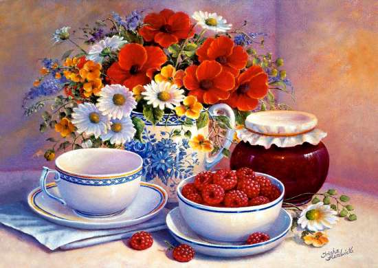 Картина по номерам 40x50 Утренний чай с малиной и вареньем