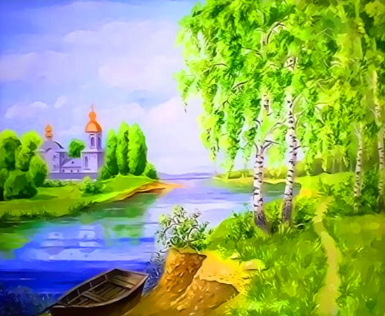 Картина по номерам 30x40 Храм с золотыми куполами на берегу реки