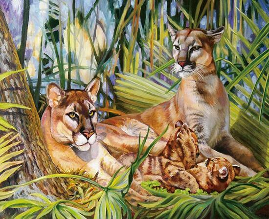 Алмазная мозаика частичная выкладка 21x25 Семья пум с котятами в джунглях