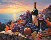 Красное вино и виноград на фоне заката