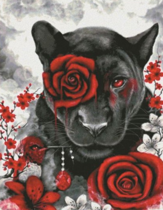 Алмазная мозаика 40x50 Пантера среди красных роз