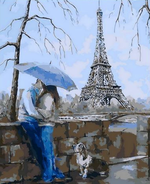Картина по номерам 30x40 Романтический поцелуй под зонтом в осеннем Париже