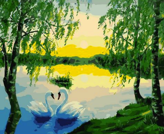 Картина по номерам 30x40 Влюбленные лебеди на озере под березой
