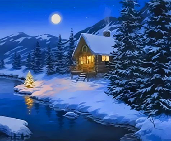 Картина по номерам 30x40 Деревянный домик среди заснеженных гор и реки