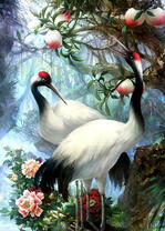 Журавли в лесу с яблоками