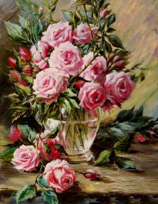 Картина по номерам 40x50 Прозрачная вазочка с пышным букетом роз