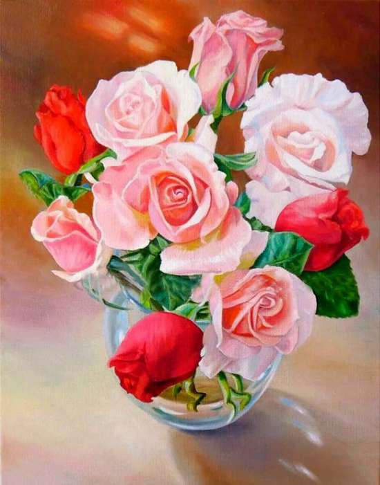 Картина по номерам 40x50 Прозрачная ваза с нежным букетом роз
