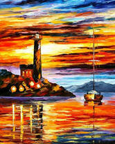 Живописный пейзаж с маяком и парусником