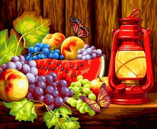 Картина по номерам 40x50 Фруктово-ягодный натюрморт с фонарем