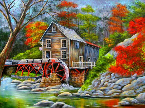 Алмазная мозаика 40x50 Осенний лес и старая деревянная мельница на реке